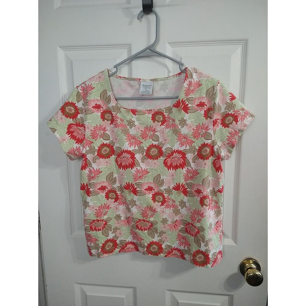 Westbound Woman PL Tee Square Neckline Floral Green Pink Coral Pullover...